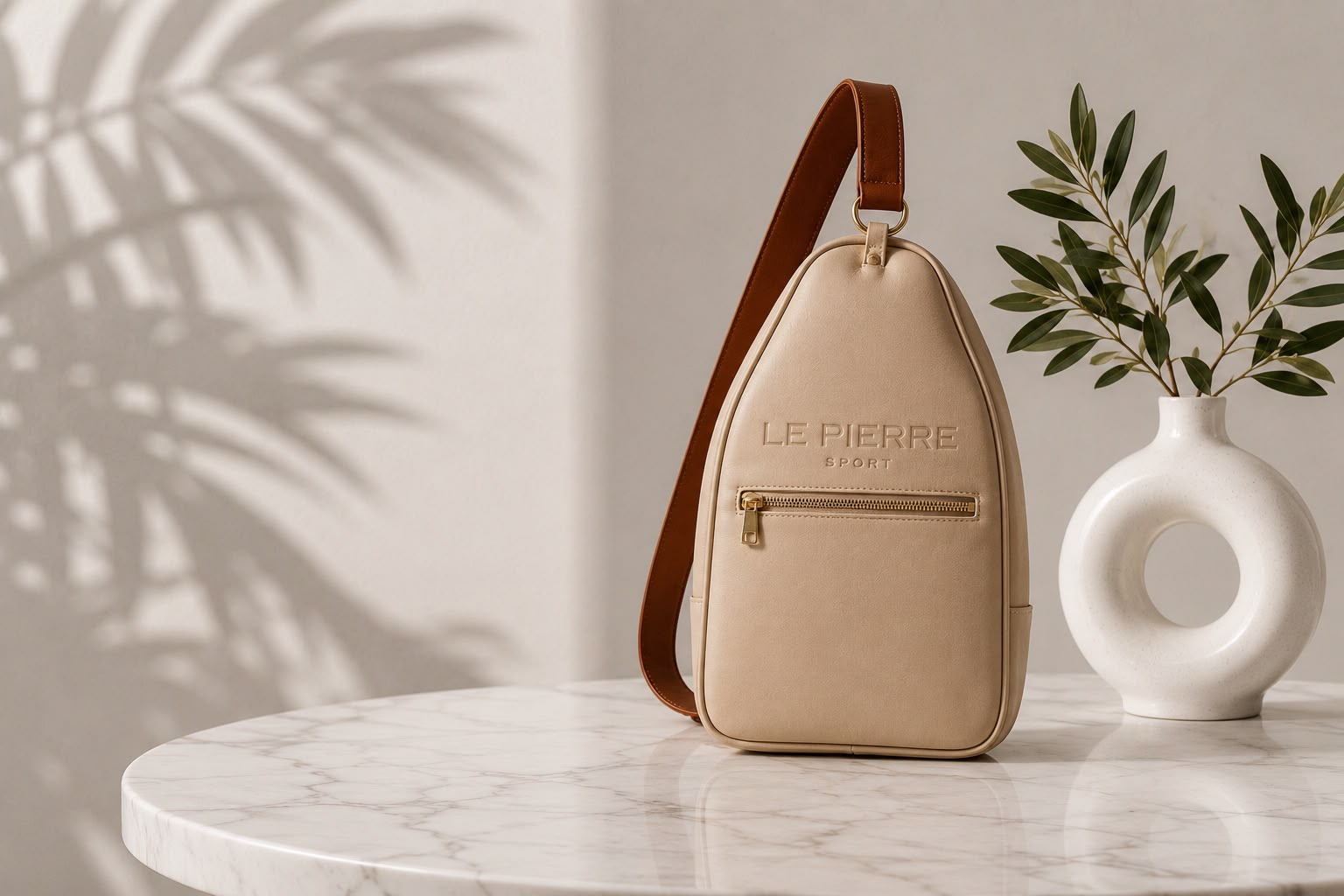 Le Pierre Sport sand-coloured padel bag standing on a marble table beside a white vase