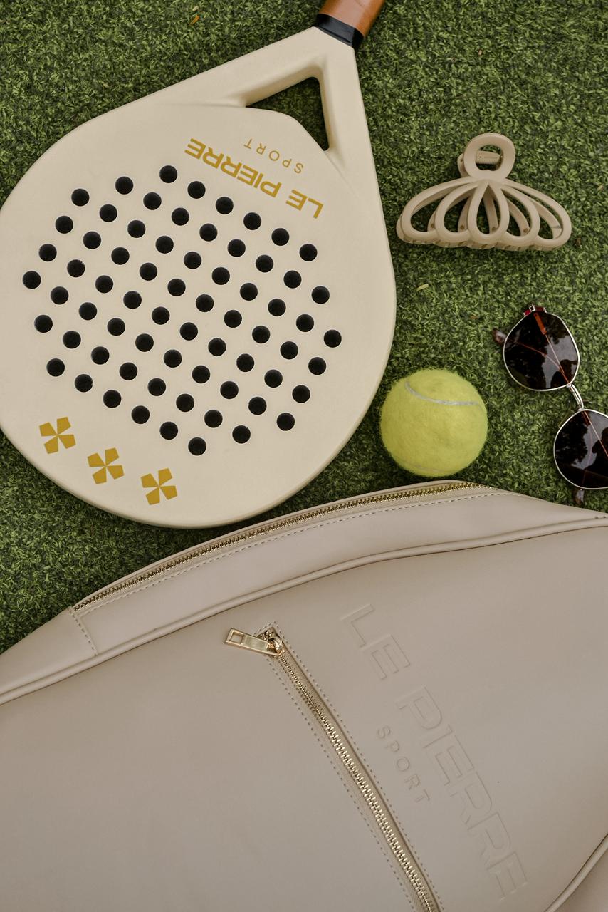 Le Pierre Sport racket, bag and court accessories flatlay